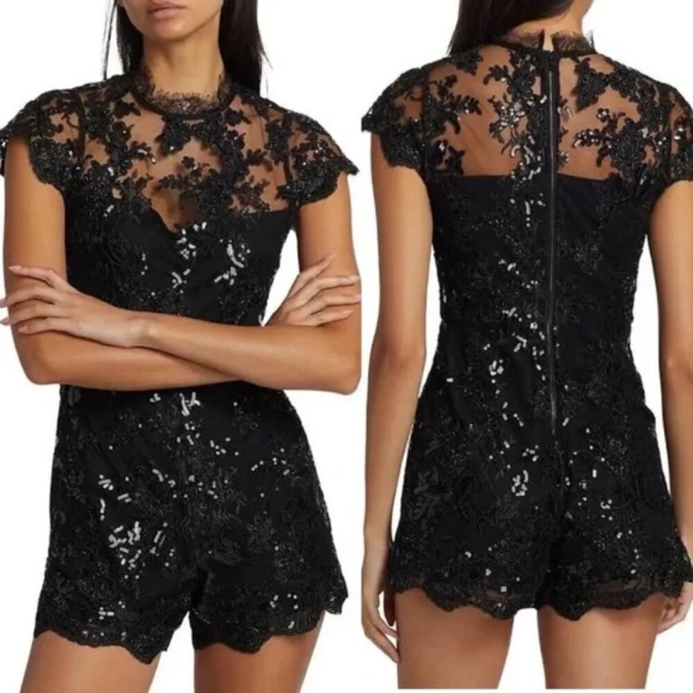 Alice + Olivia Alaina Sequined Lace Romper Black Size 8
